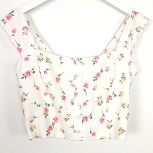 NWT Joie Linen White Floral Smocked Cropped Top Size M